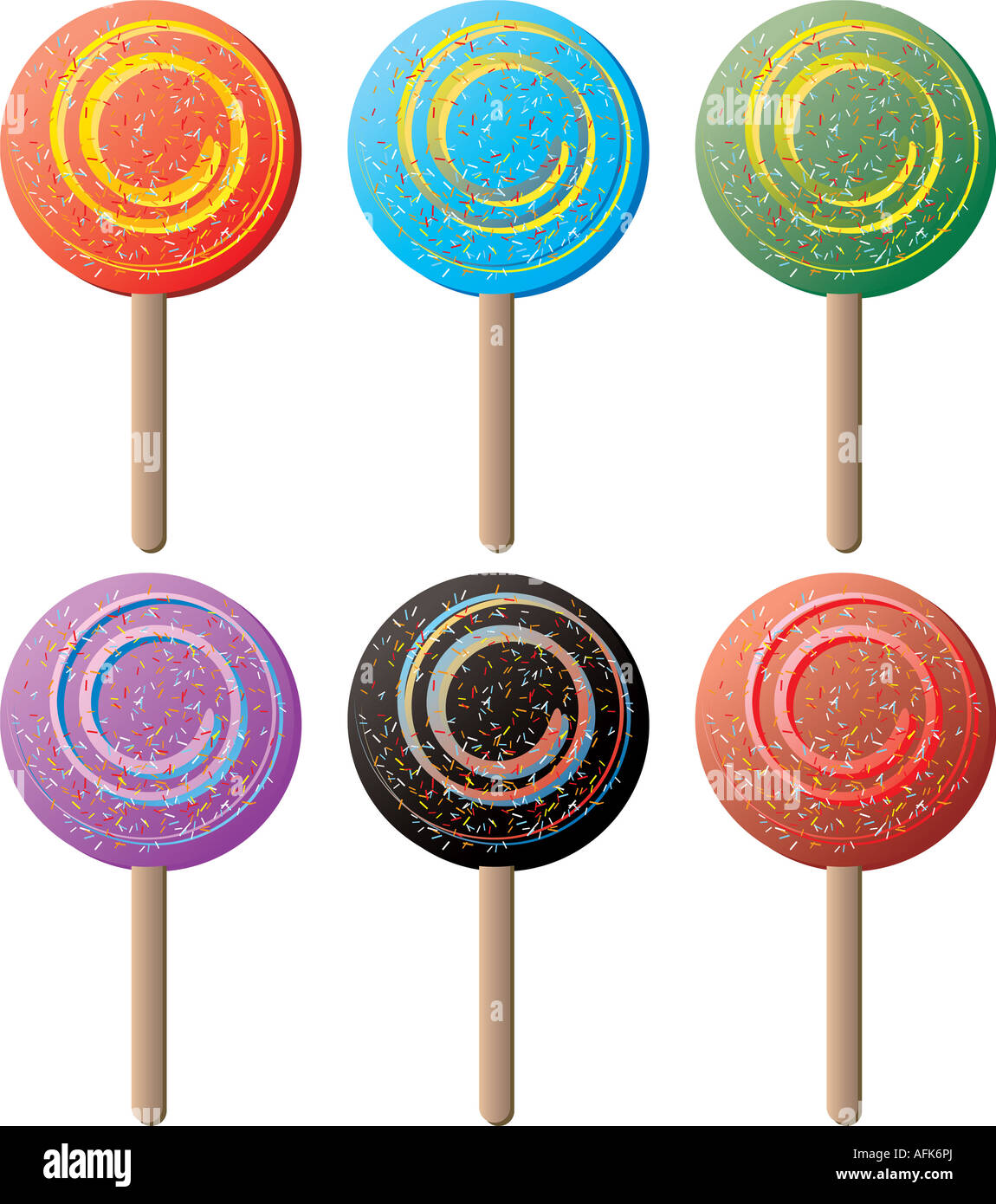 Illustration of six color variations of lollipop with sugar