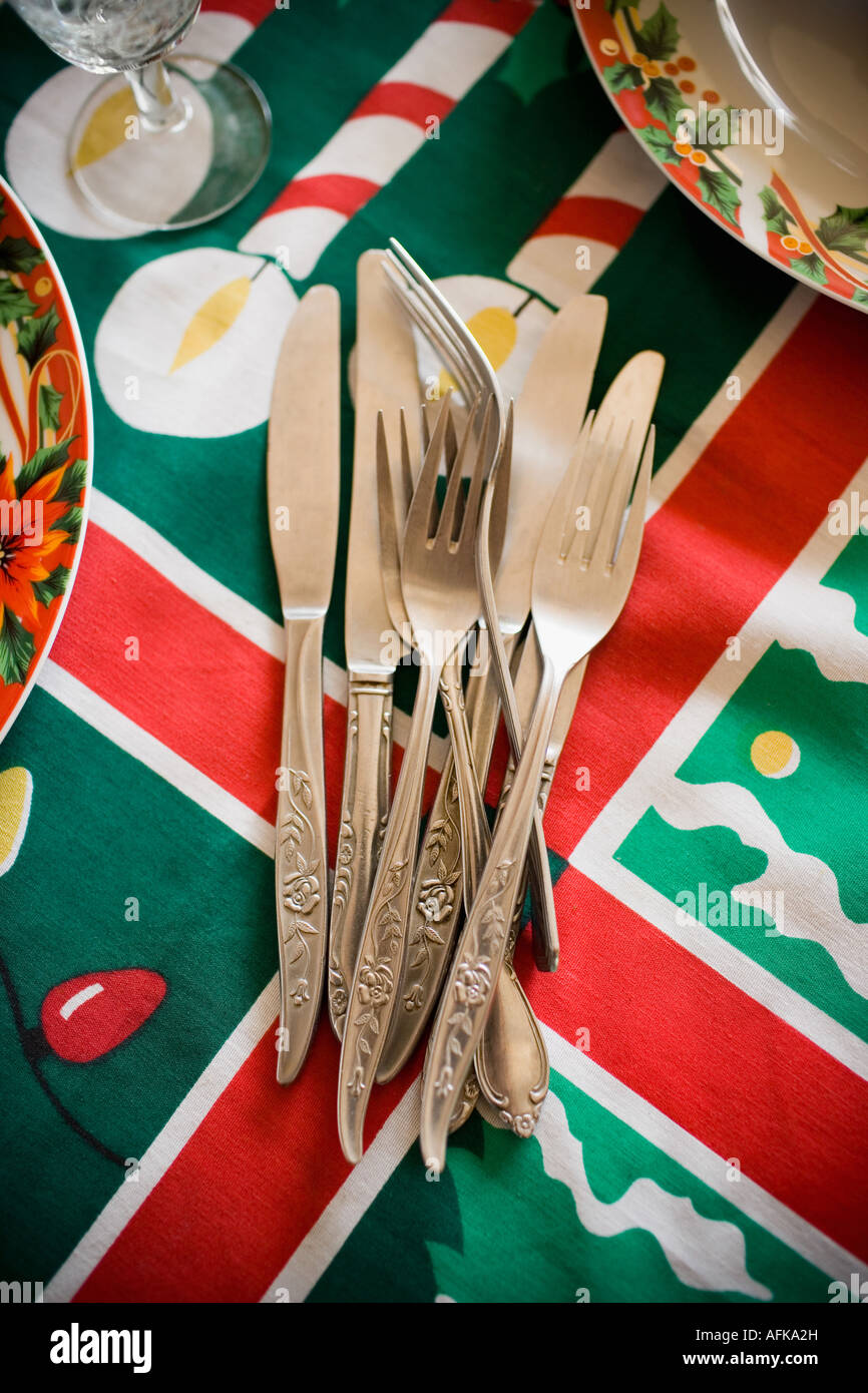 Forks and knives on the table Stock Photo Alamy
