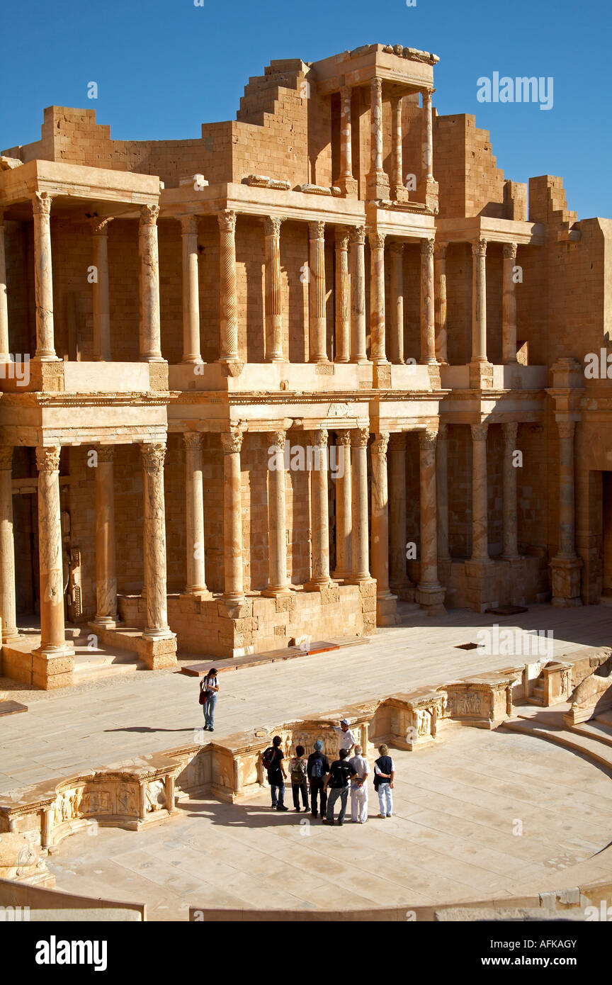 View of the stage and orchestra area of the heavily restored Theatre at Sabratha, Libya. Stock Photo