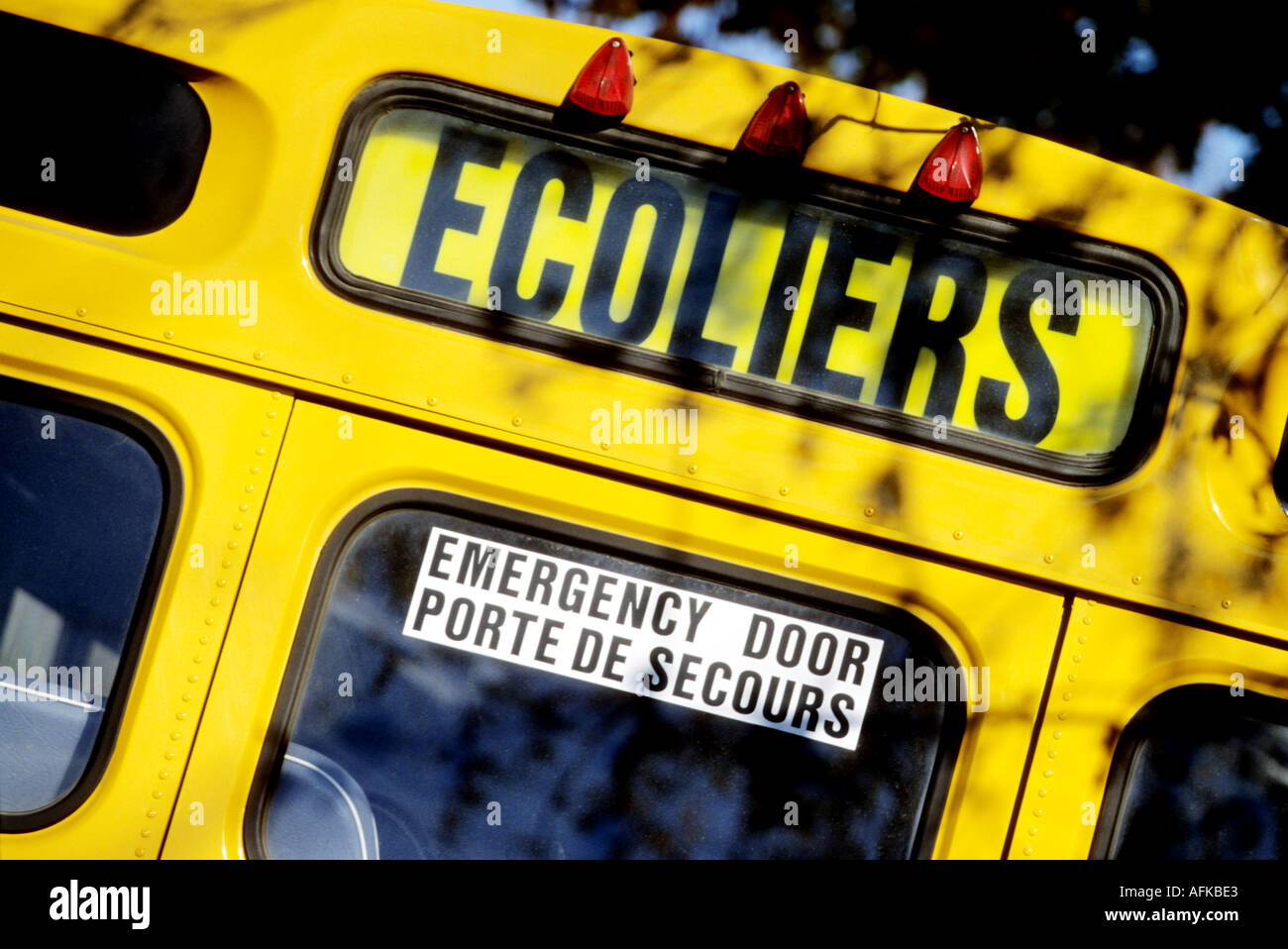 low angle closeup of schoolbus lights and sign Stock Photo Alamy