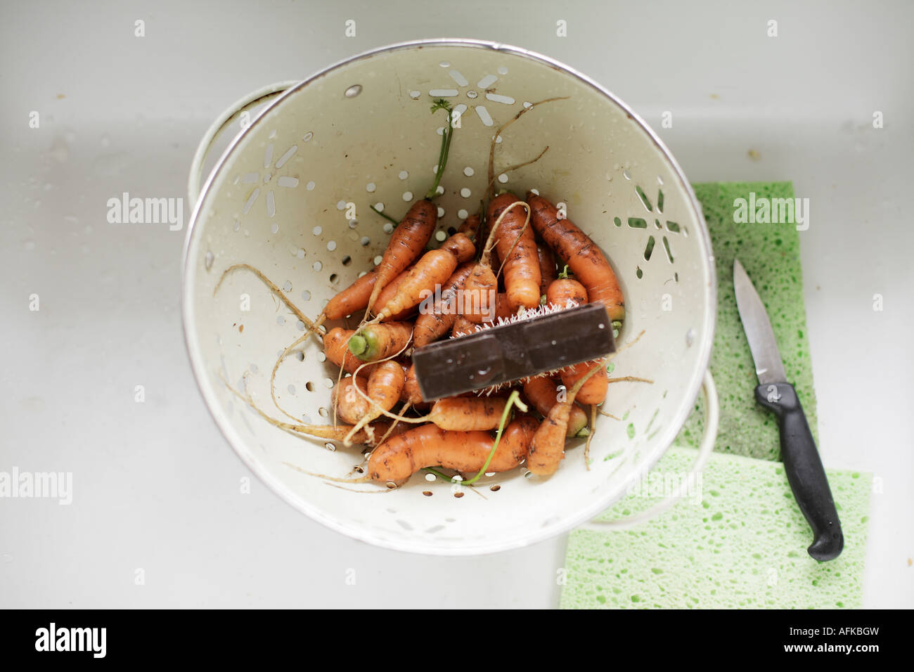 Homegrown organic carrots in a cullendar being scrubbed and prepared Stock Photo