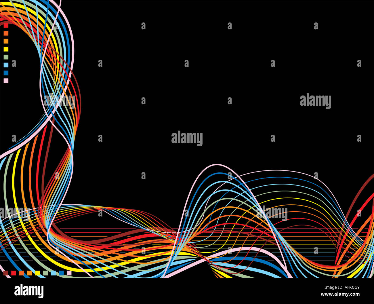 Illustrated abstract black background with wavy lines in the colours of ...