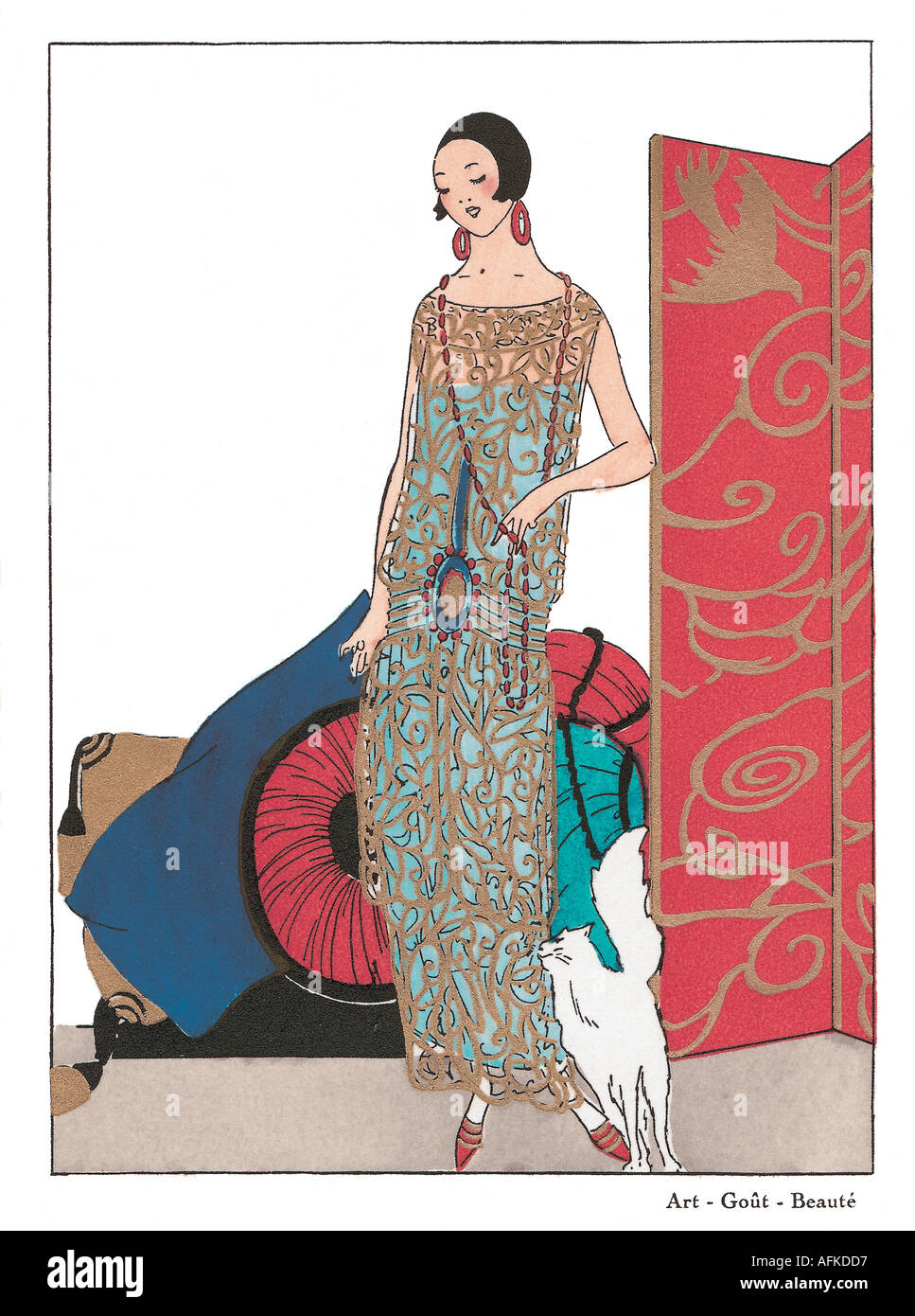 Fashion plate from Art Gout Beauté showing evening wear 1920s interio with cat Stock Photo