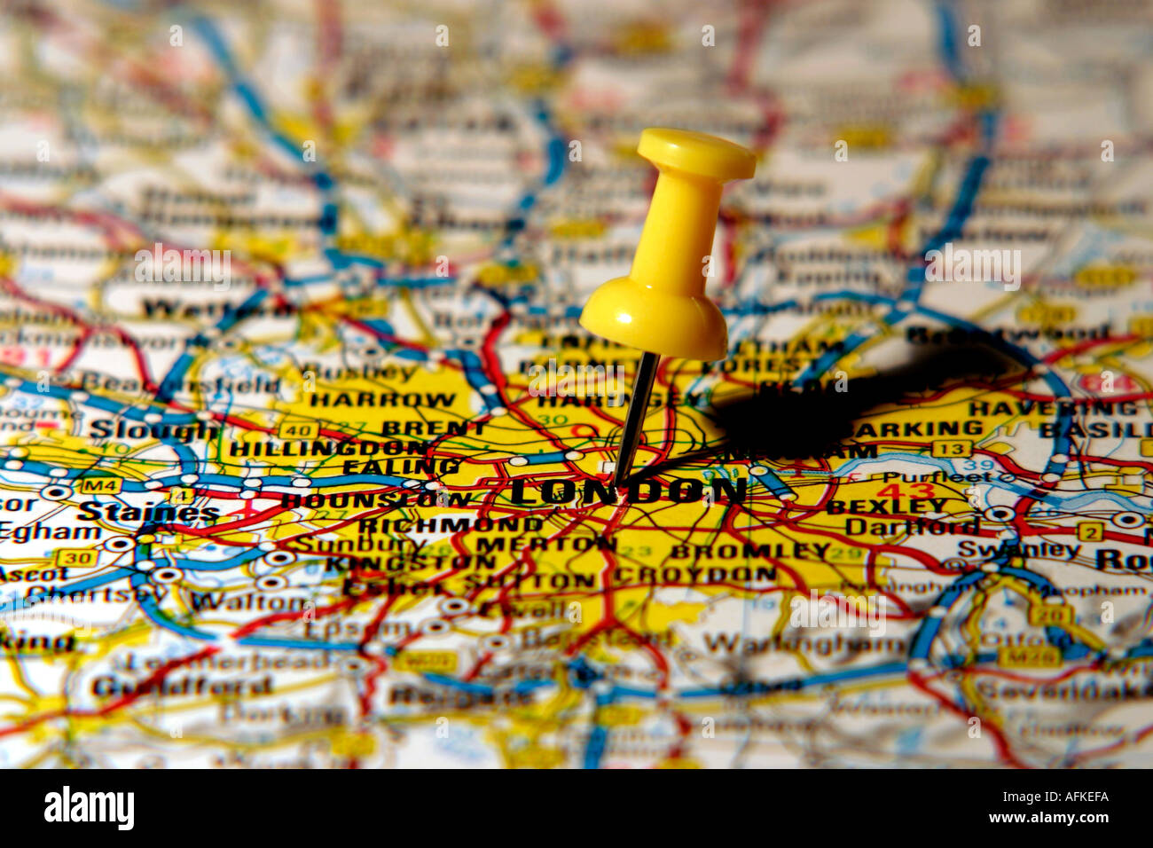 Map Pin pointing London road map Stock Photo