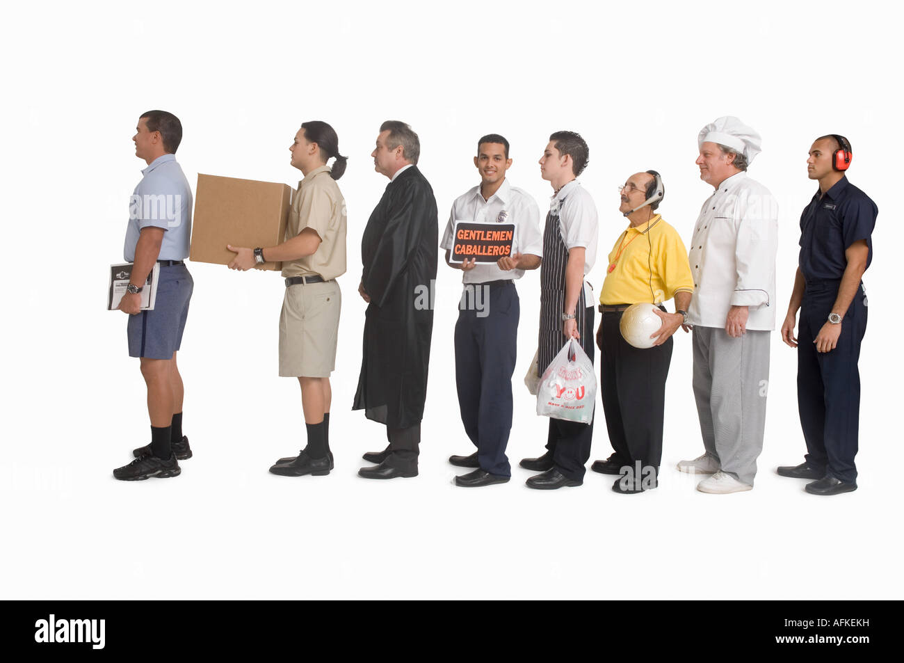Group of men of different professions standing in line Stock Photo