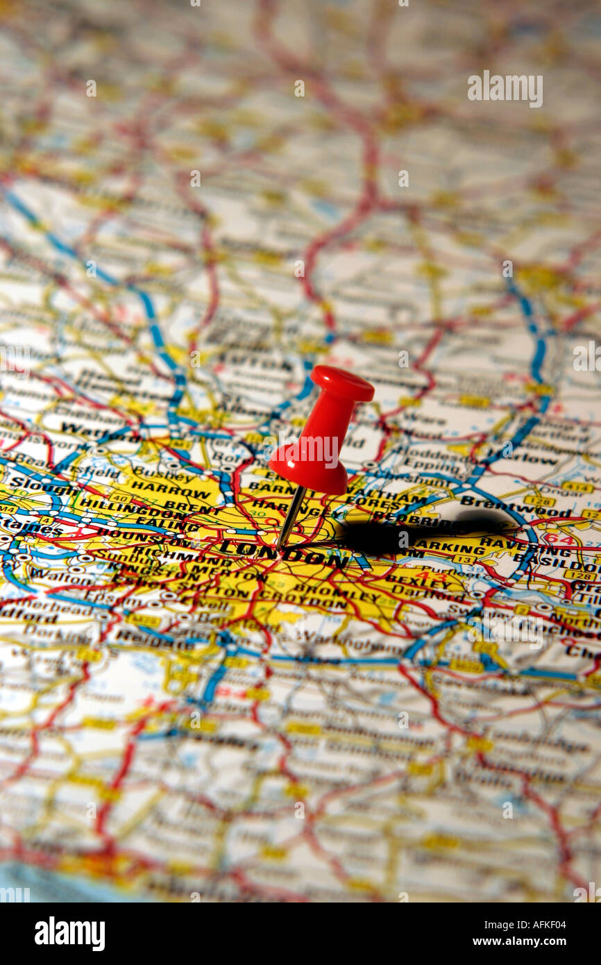 Map Pin pointing to London on a road map Stock Photo