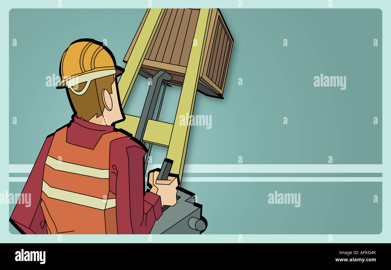 Rear view of a man controlling levers on a forklift Stock Photo Alamy