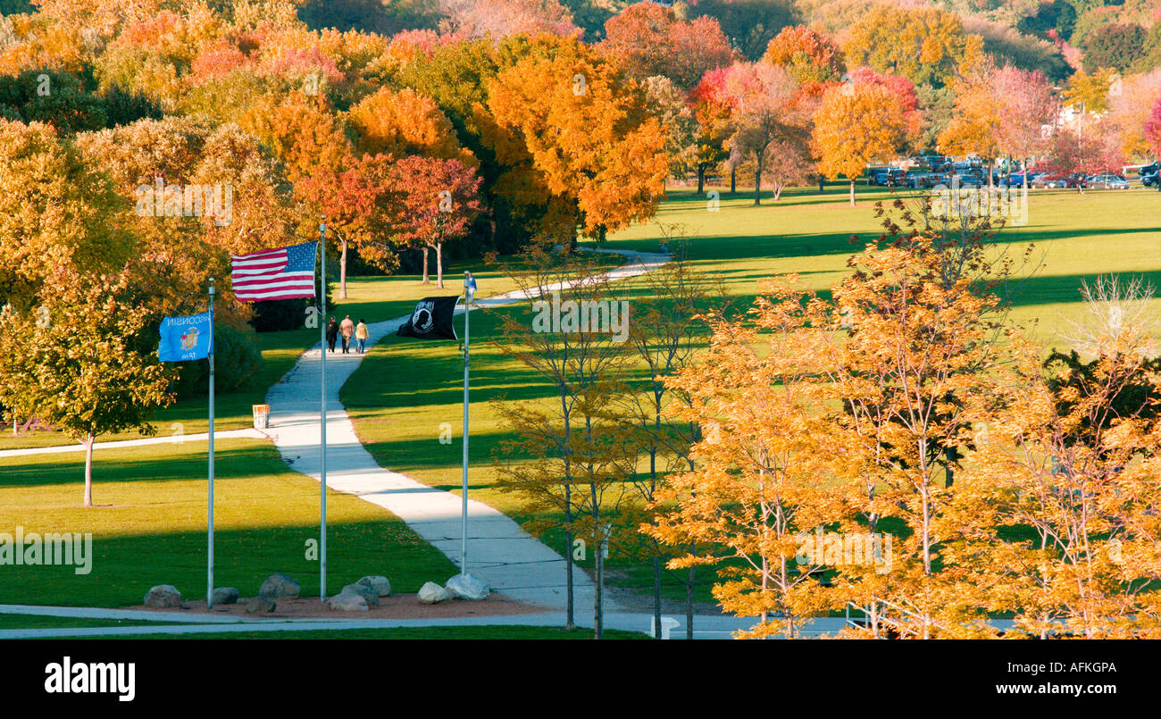 Autumn foliage and flags at Veterans Park Milwaukee Wisconsin USA Stock Photo