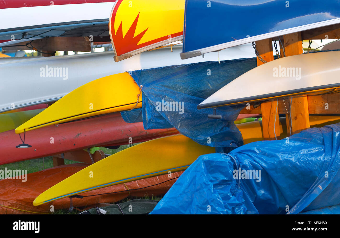 Overturned for drying storage canoes and kayaks Stock Photo