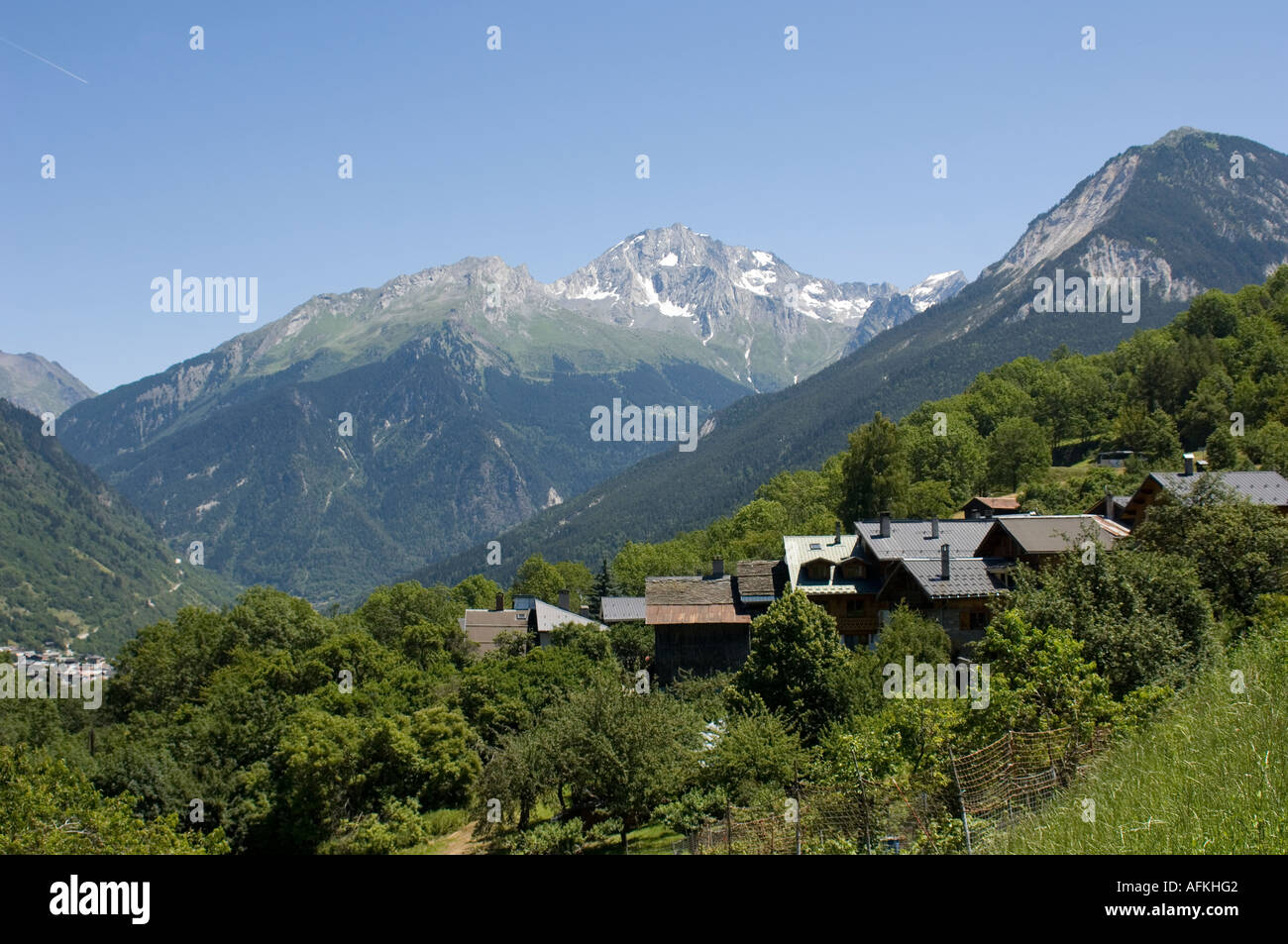 Alpine mountain village near Courchevel 1300, Savoie, France in the Vallee de St Bon Stock Photo