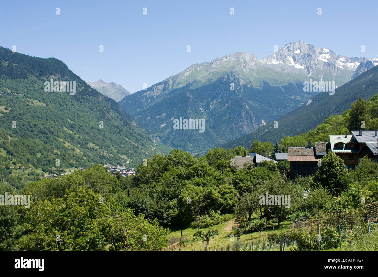 Alpine mountain village near Courchevel 1300, Savoie, France in the Vallee de St Bon Stock Photo