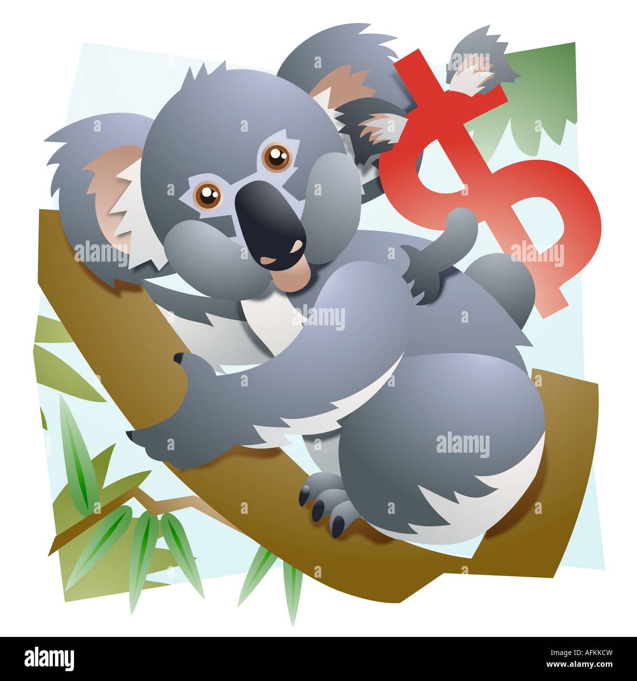 Koala bear family resting on a tree branch with a dollar sign Stock Photo