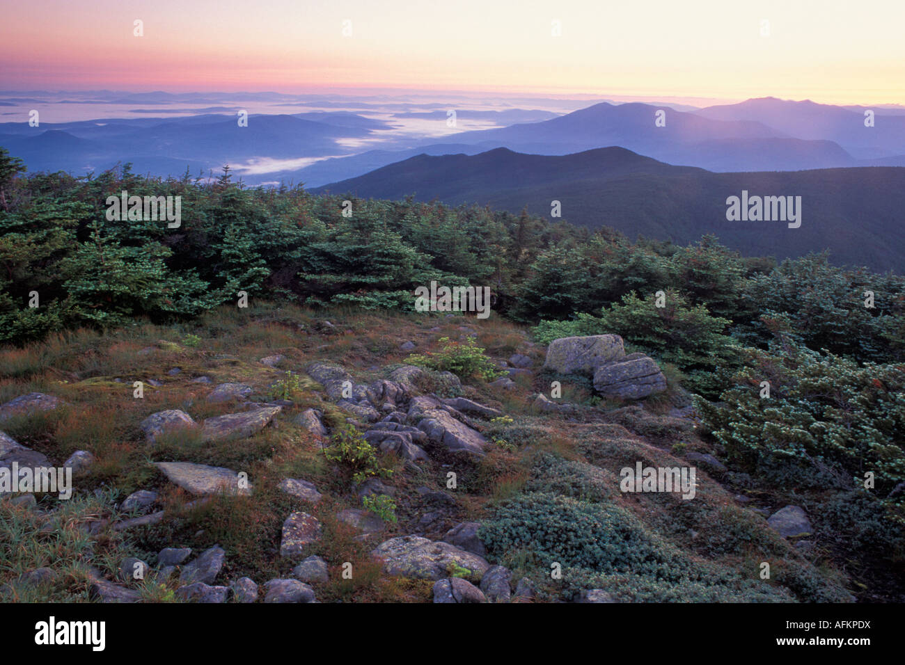 View east from Mount Moosilauke summit at sunrise, White Mountain National Forest, New Hampshire Stock Photo