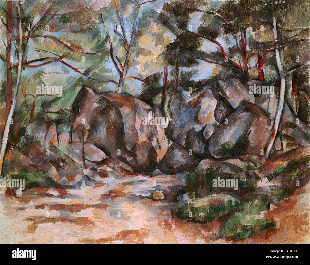 fine arts, Cezanne, Paul (1839 - 1906), painting, forrest with boulders, Kunsthaus Zürich, French, Impressionism, rock, rocks, n Stock Photo