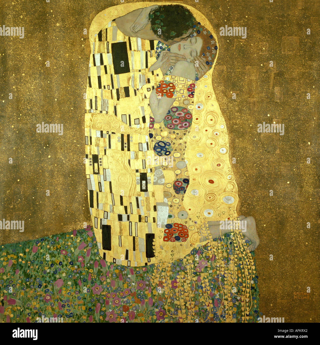 'fine arts, Klimt, Gustav, (1862 - 1918), painting, 'Der Kuss', ('the kiss'), 1907 - 1908, oil, silver and gold on canvas, 1 Stock Photo