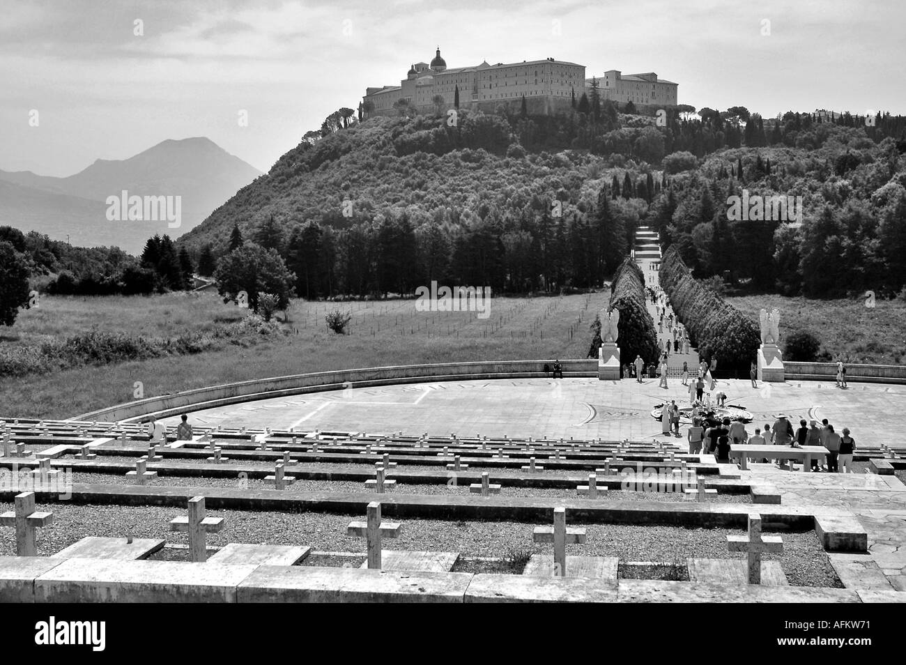 Polish war cemetery at Monte Cassino in Abbazia Italy Europe with the monastery of St. Benedict in the background. Stock Photo