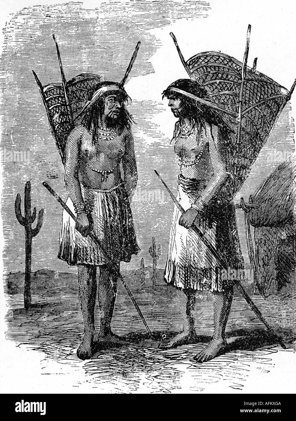 geography/travel, USA, people, Native Americans, tribes, Pomo, two women, engraving, 19th century, American Indians, North America, California, historic, historical, Stock Photo