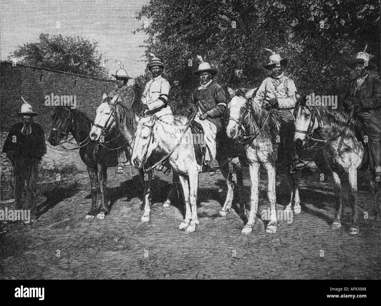 Witboi, Hendrik, + 1905, Herrero leader, with his son Hendrik and Samuel Isaak, engraving, Stock Photo