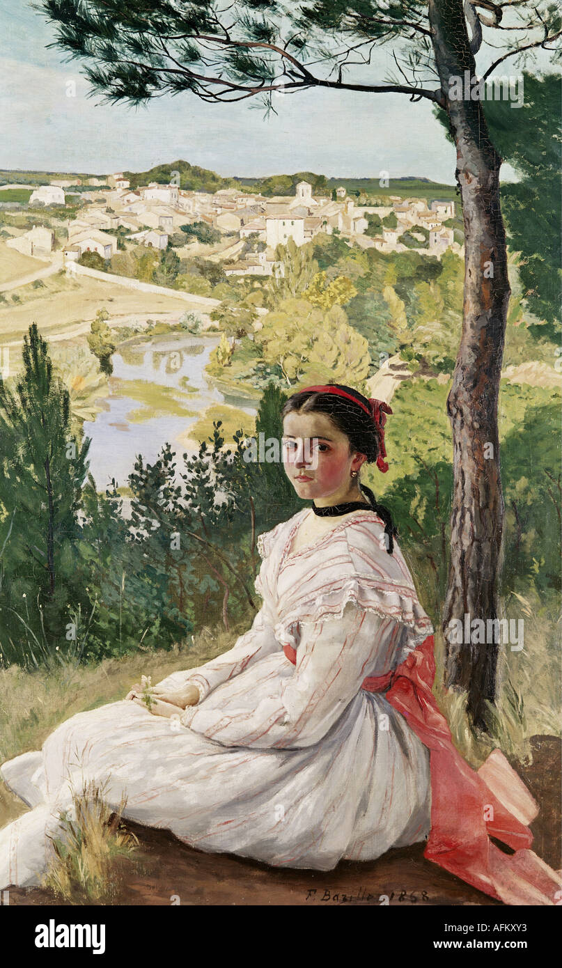 'fine arts, Bazille, Jean-Frederic, (1841 - 1870), painting, 'vue at Castelnau village', 1868, oil on canvas, 130 cm x 89 cm, Stock Photo