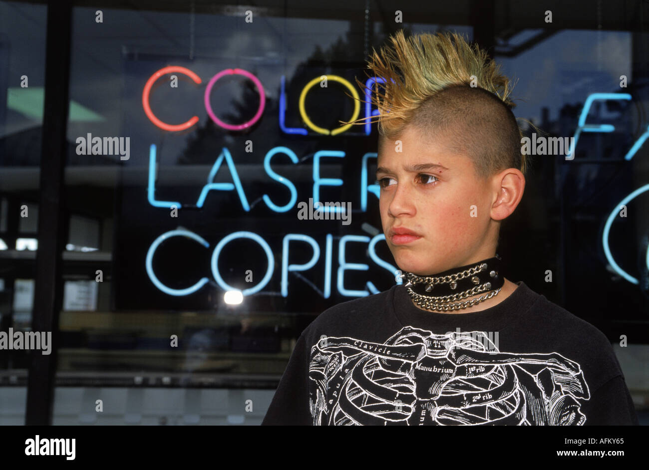 Boy in Los Angeles with mohawk hair cut or spiked hairstyle Stock Photo