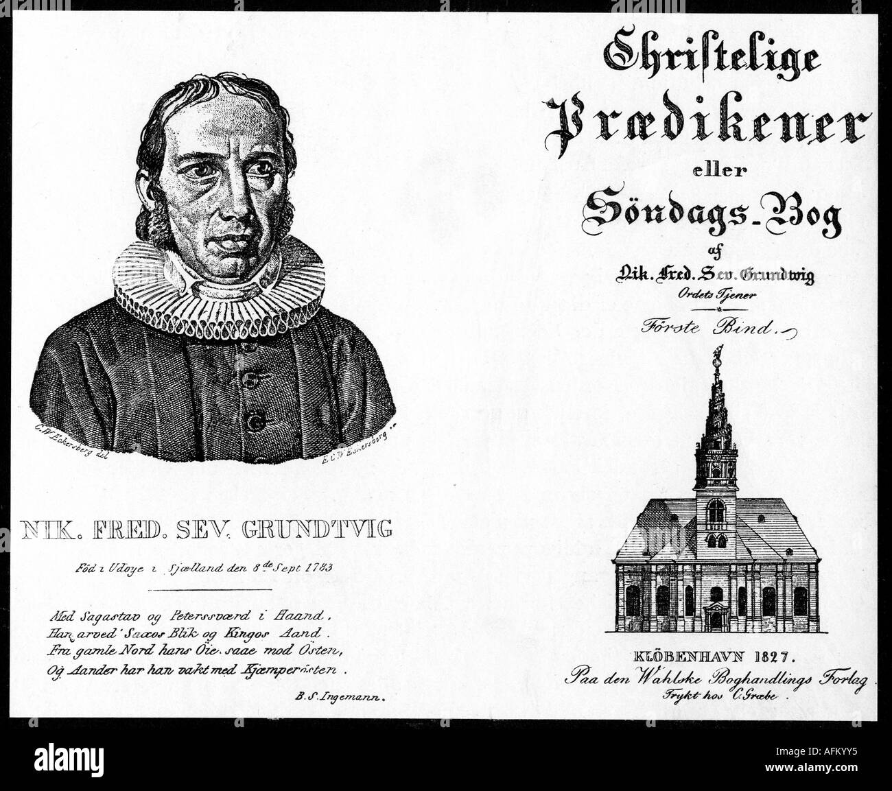 Grundtvig, Nikolai Frederik Severin, 8.9.1783 - 2.9.1872, Danish philologist and theologian, portrait, engraving, by Christoffer Wilhelm Eckersberg, (1783 - 1853), on title, 'Christian Homilies', Copenhagen, 1827, Artist's Copyright has not to be cleared Stock Photo