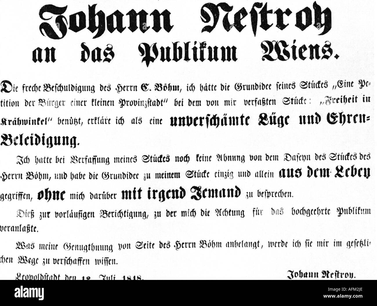 Nestroy, Johann Nepomuk, 7.12.1801 - 25.5.1862, Austrian actor ans author/writer, poster against accusation of literary heft, Vienna, 12.7.1848, , Stock Photo