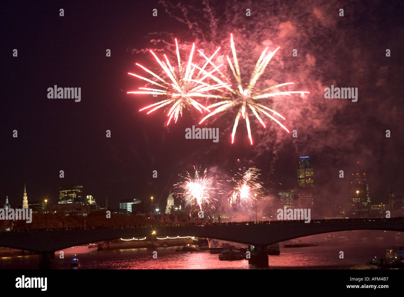 Lord Mayors Show fireworks on River Thames with City of London and St Pauls Cathedral in background Stock Photo