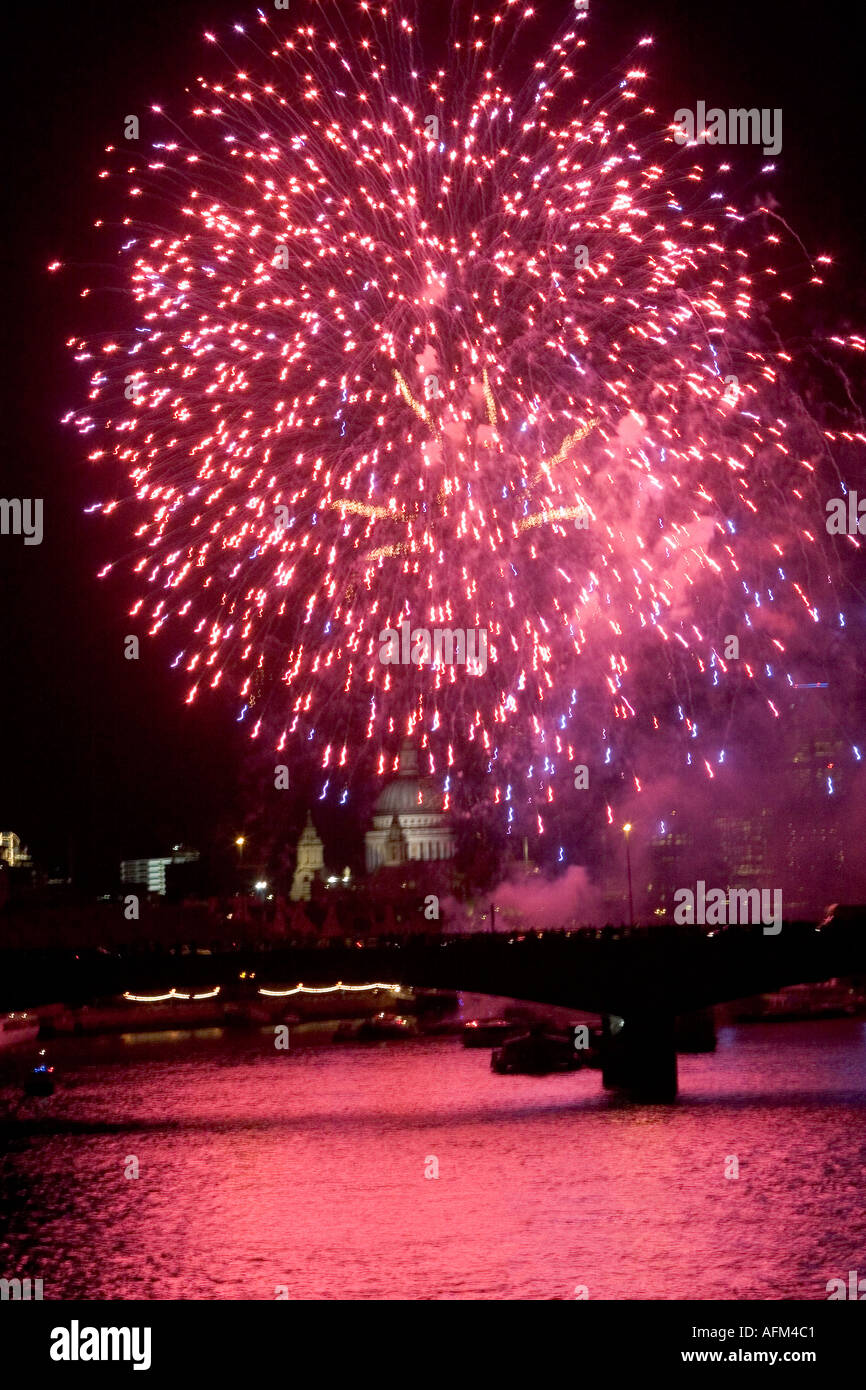 Lord Mayors Show fireworks on River Thames with City of London and St Pauls Cathedral in background Stock Photo