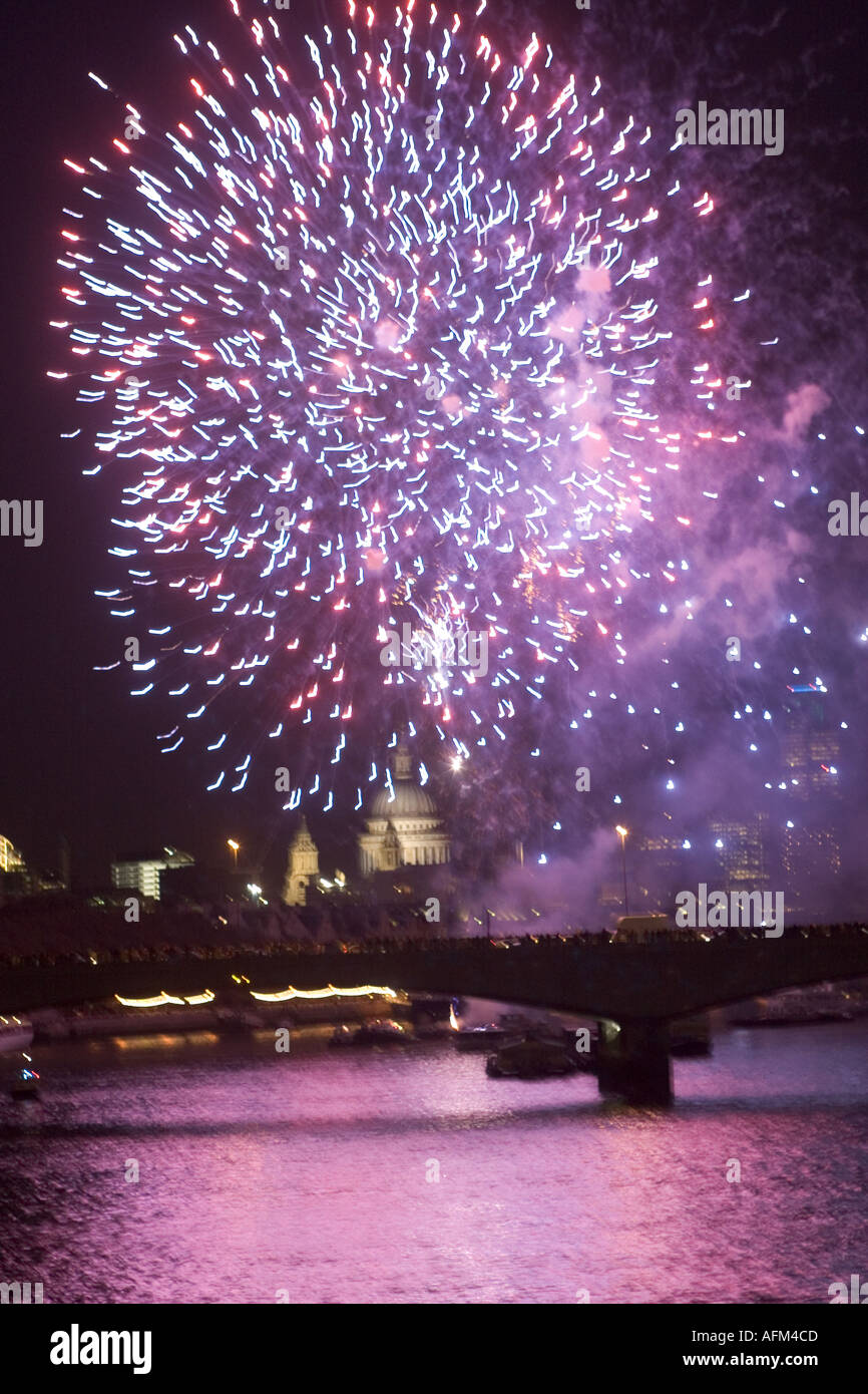 Lord Mayors Show fireworks on River Thames with City of London and St Pauls Cathedral in background Stock Photo