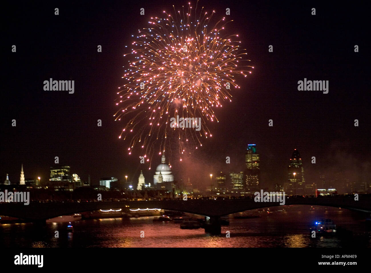 Lord Mayors Show fireworks on River Thames with City of London and St Paul's Cathedral in background Stock Photo