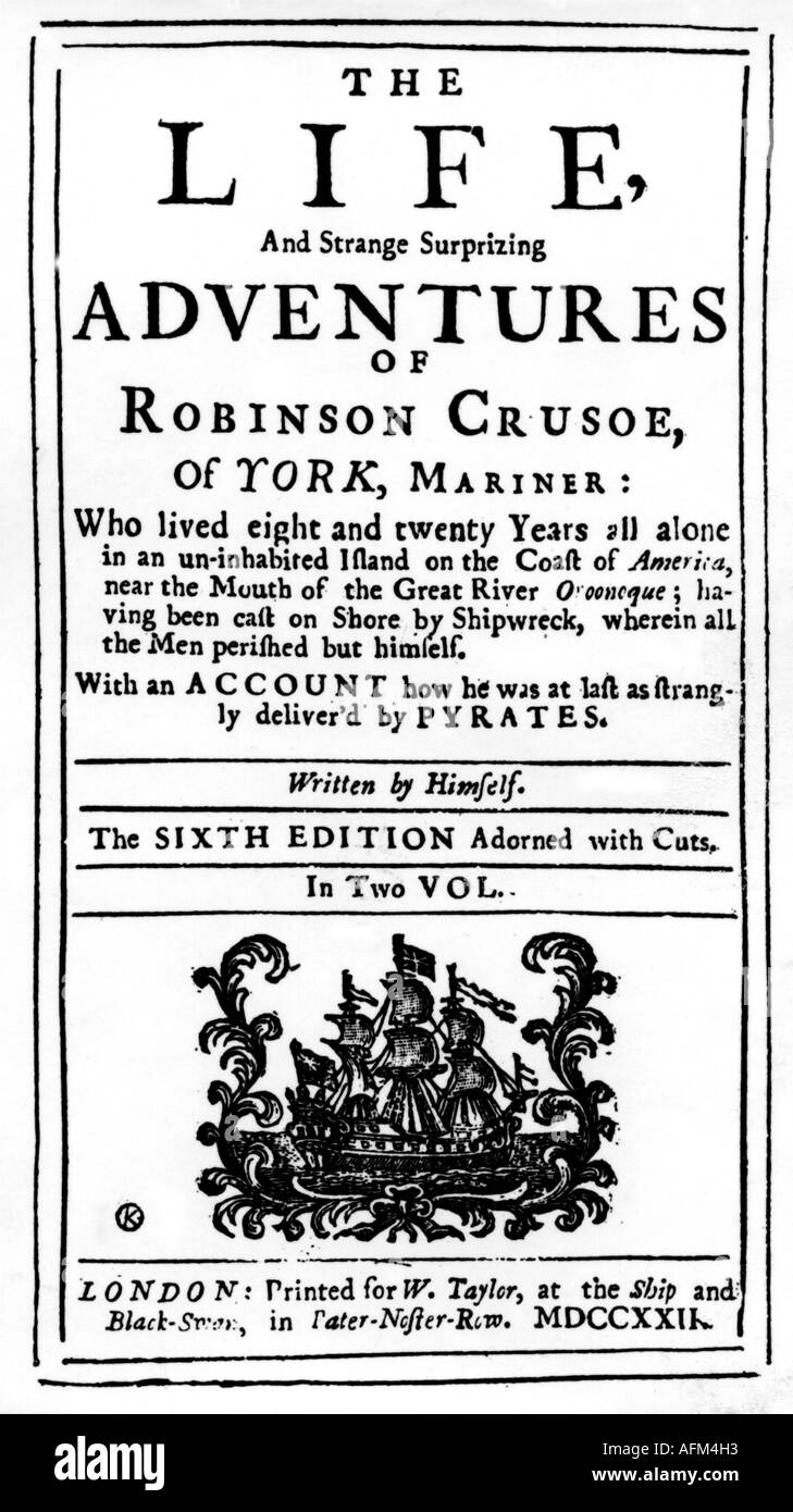 Defoe, Daniel (Foe), 1660 - 26.4.1731, English writer, work 'Robinson Crusoe', cover, 6th edition, London, 1722, Stock Photo