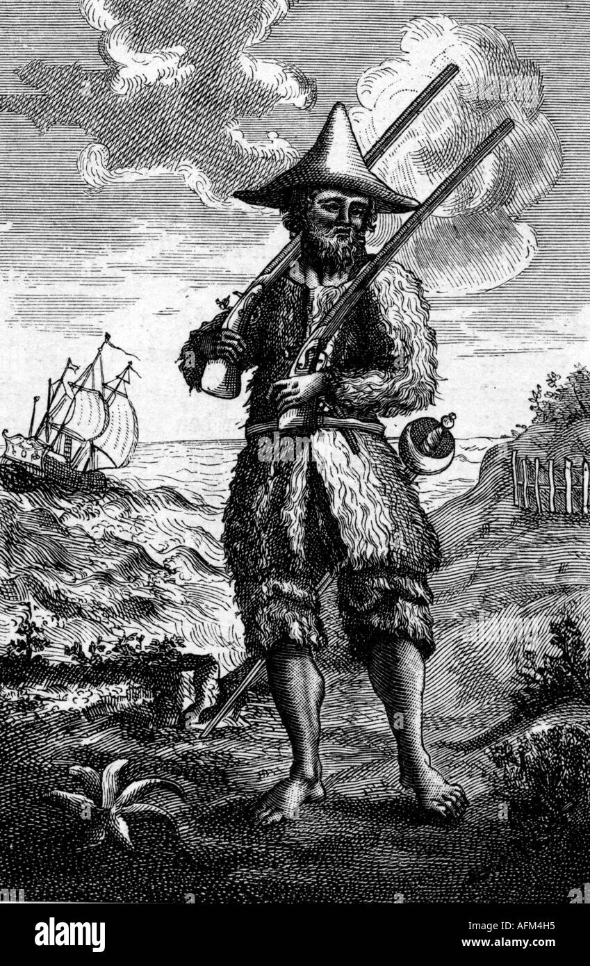 Defoe, Daniel (Foe), 1660 - 26.4.1731, English writer, illustration from the 1st edition of 'Robinson Crusoe', London 1712, Stock Photo