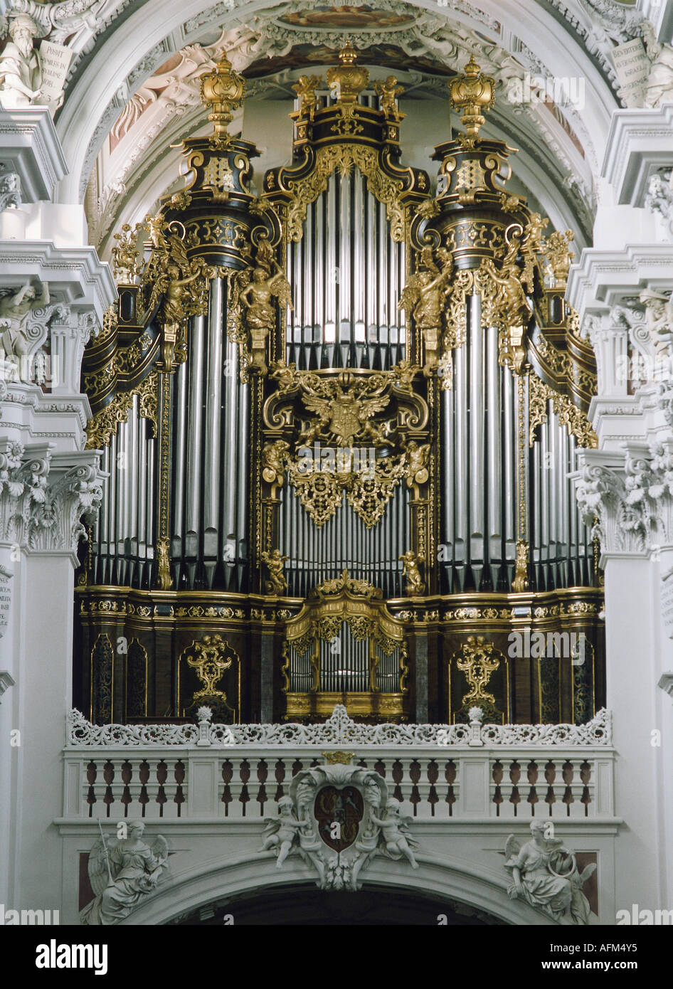 music, instruments, organs, organ, cathedral St Stephan, Passau, Bavaria, Germany, church, interior, instrument, largest church Stock Photo