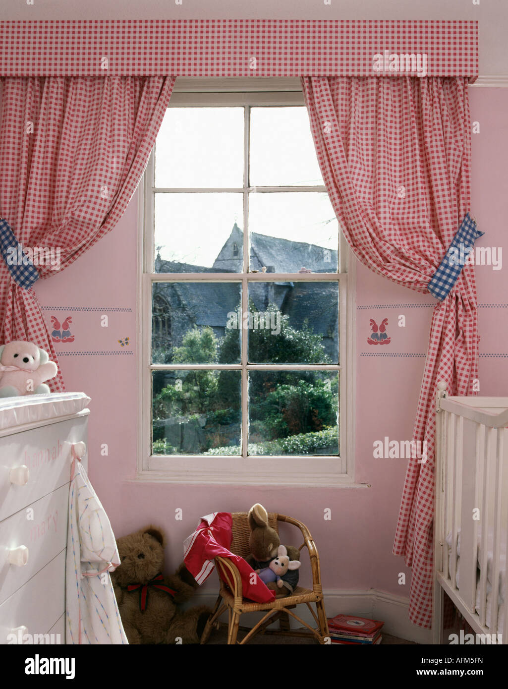 Pink Gingham Curtains Stock Photos Pink Gingham Curtains Stock