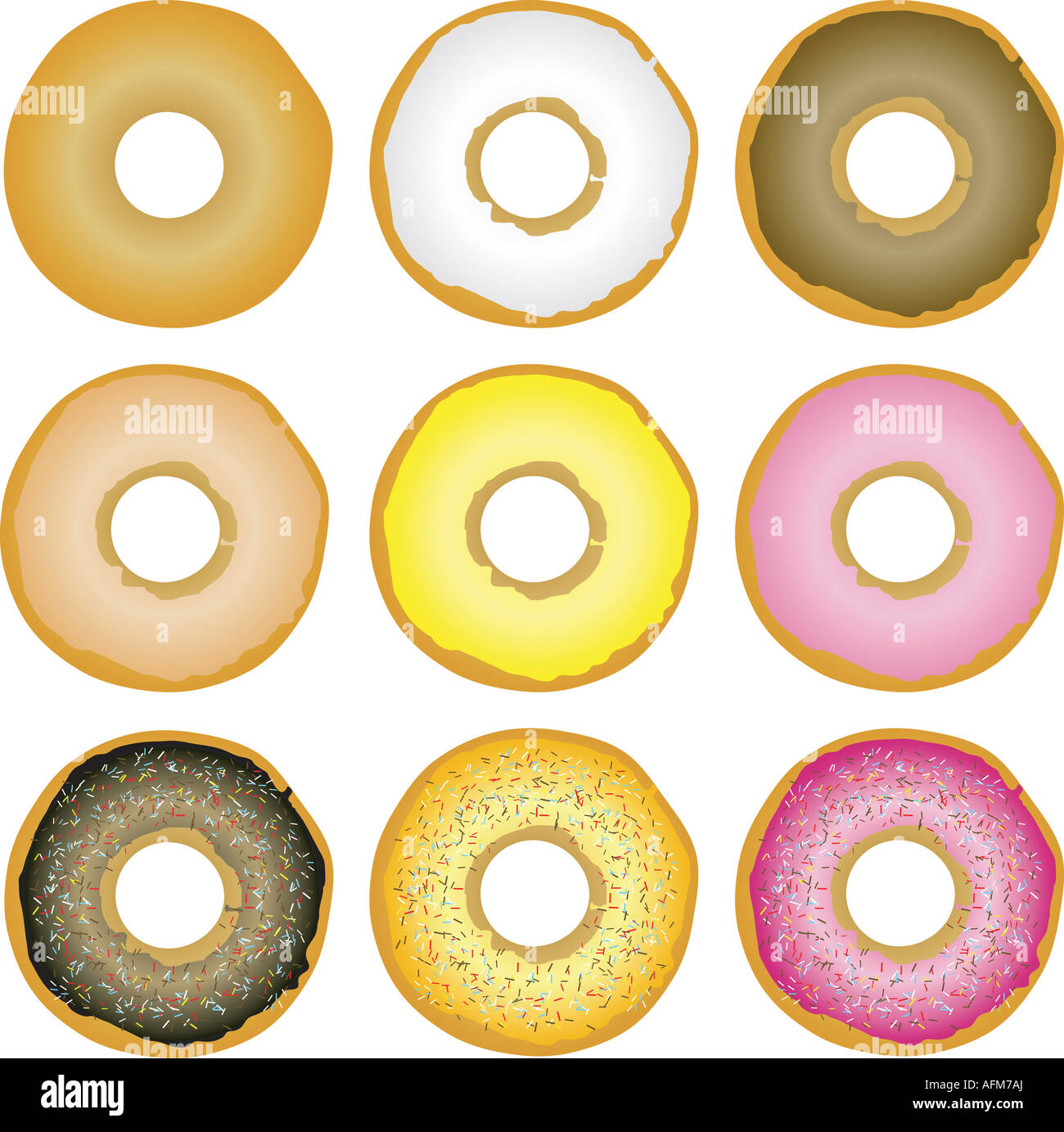 Illustration of nine variations of doughnuts with different toppings