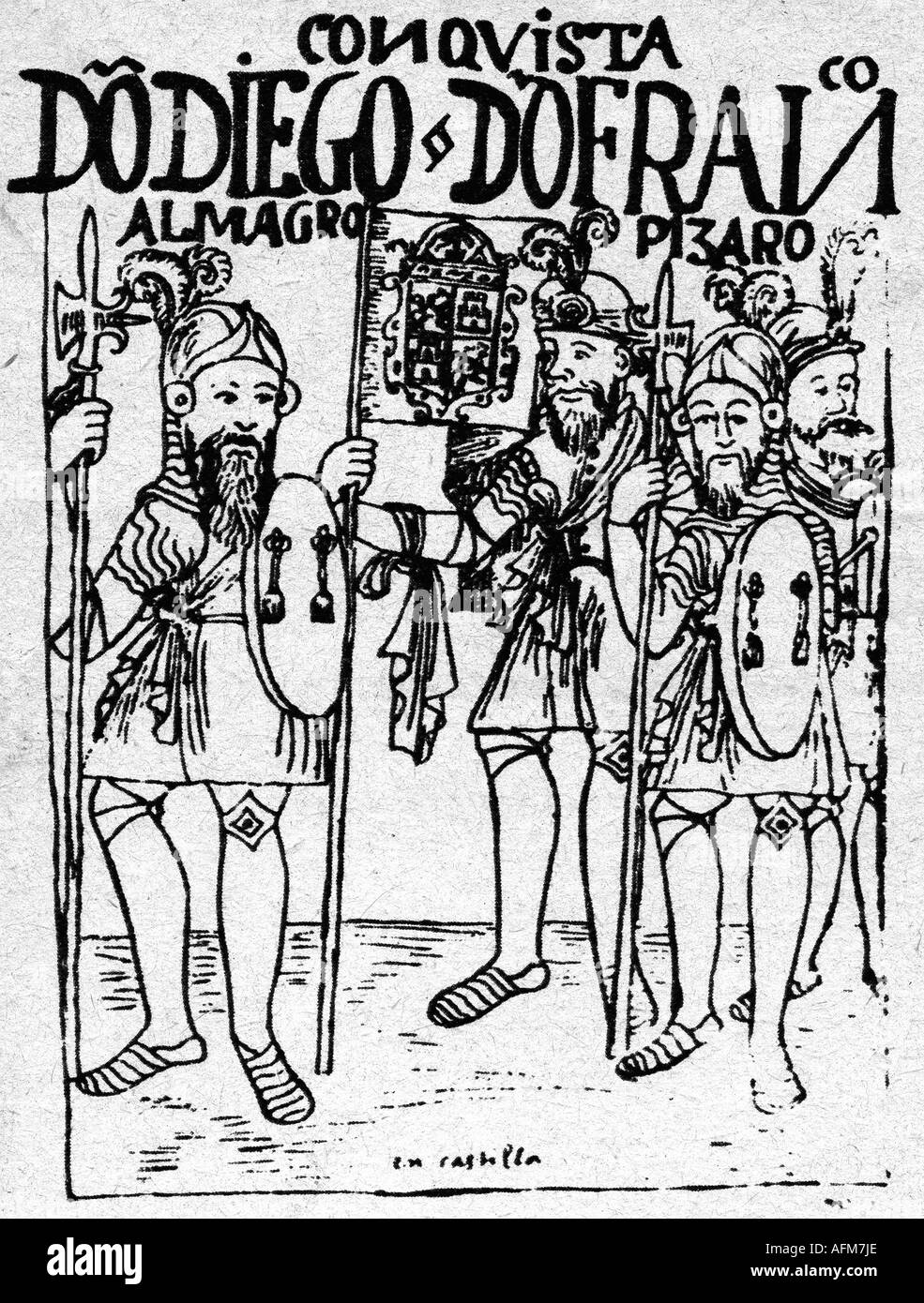 Pizarro, Francisco, circa 1475 - 26.6.1541, Spanish conquistador, with Dieho Almagro, engraving from 'Nueva coronica y buen gobierno' by Felipe Guaman Poma de Ayala, circa 1613, Stock Photo