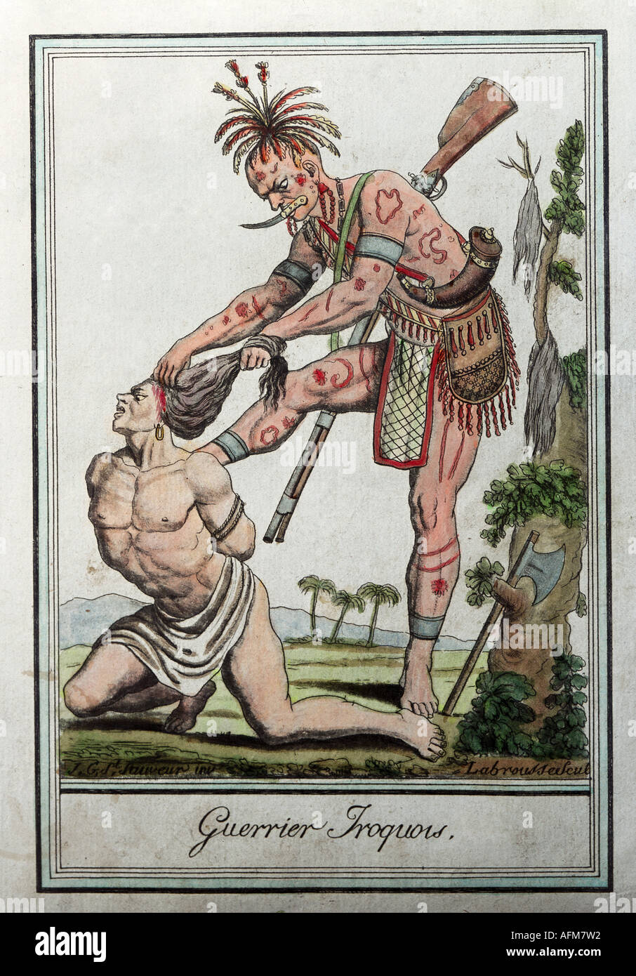 geography / travel, USA, people, American Indians, tribes, Iroquois, warrior scalping enemy, colour engraving, France, late 18th century, private collection, North America, fine arts, historic, historical, 19th century, Native Americans, full length, painting, rifle, knife, cutting, scalp, hair, cruelty, Artist's Copyright has not to be cleared Stock Photo