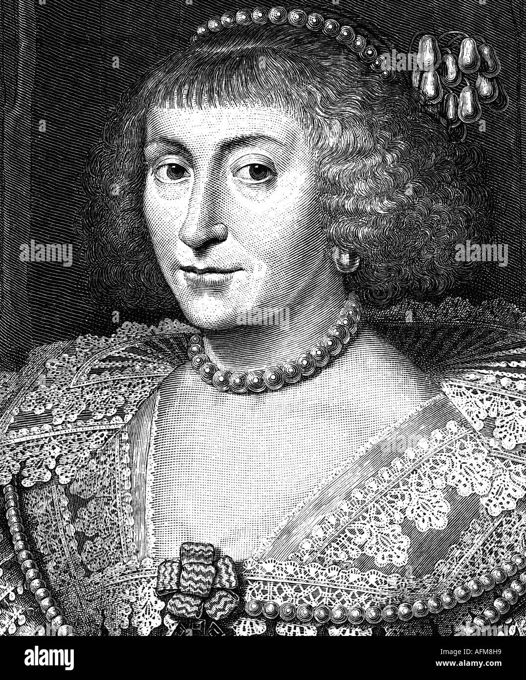 Elizabeth, 19.8.1556 - 13.12.1662, Electress of Palatinate 14.2.1613 - 23.2.1623, Queen consort of Bohemia 25.10.1619 - November 1620, portrait, after conteporary picture, Stuart, Princess of England & Scotland, Wittelsbach, thirty years war, jewelry, pearls, , Stock Photo