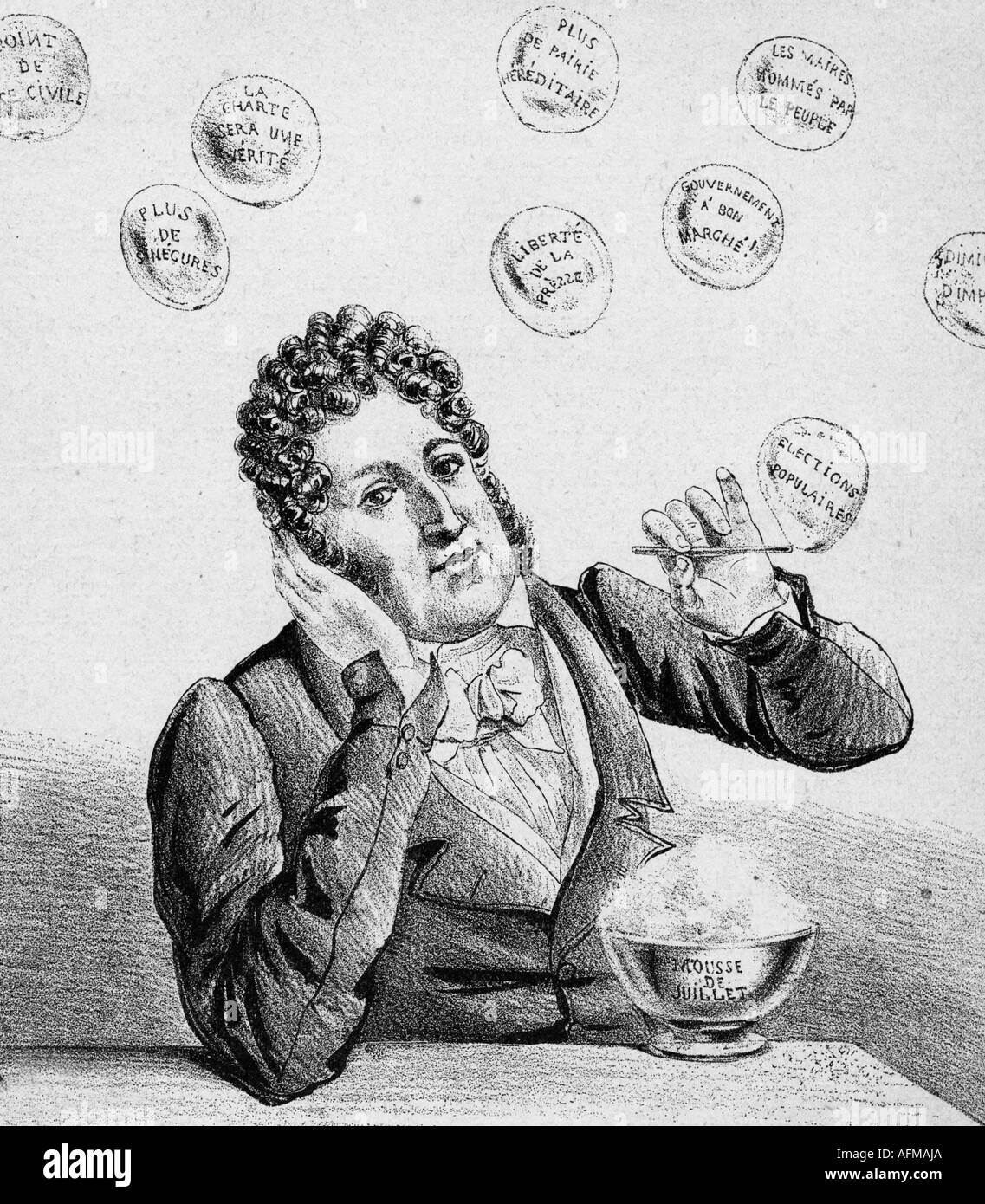 Louis Philippe, 6.10.1773 - 26.8.1850, King of France 2.4.1814 - 28.2.1848, caricature, makes soap bubbles from 'Mousse de Julliet', drawing by Charles Philipon, 1830, , Stock Photo