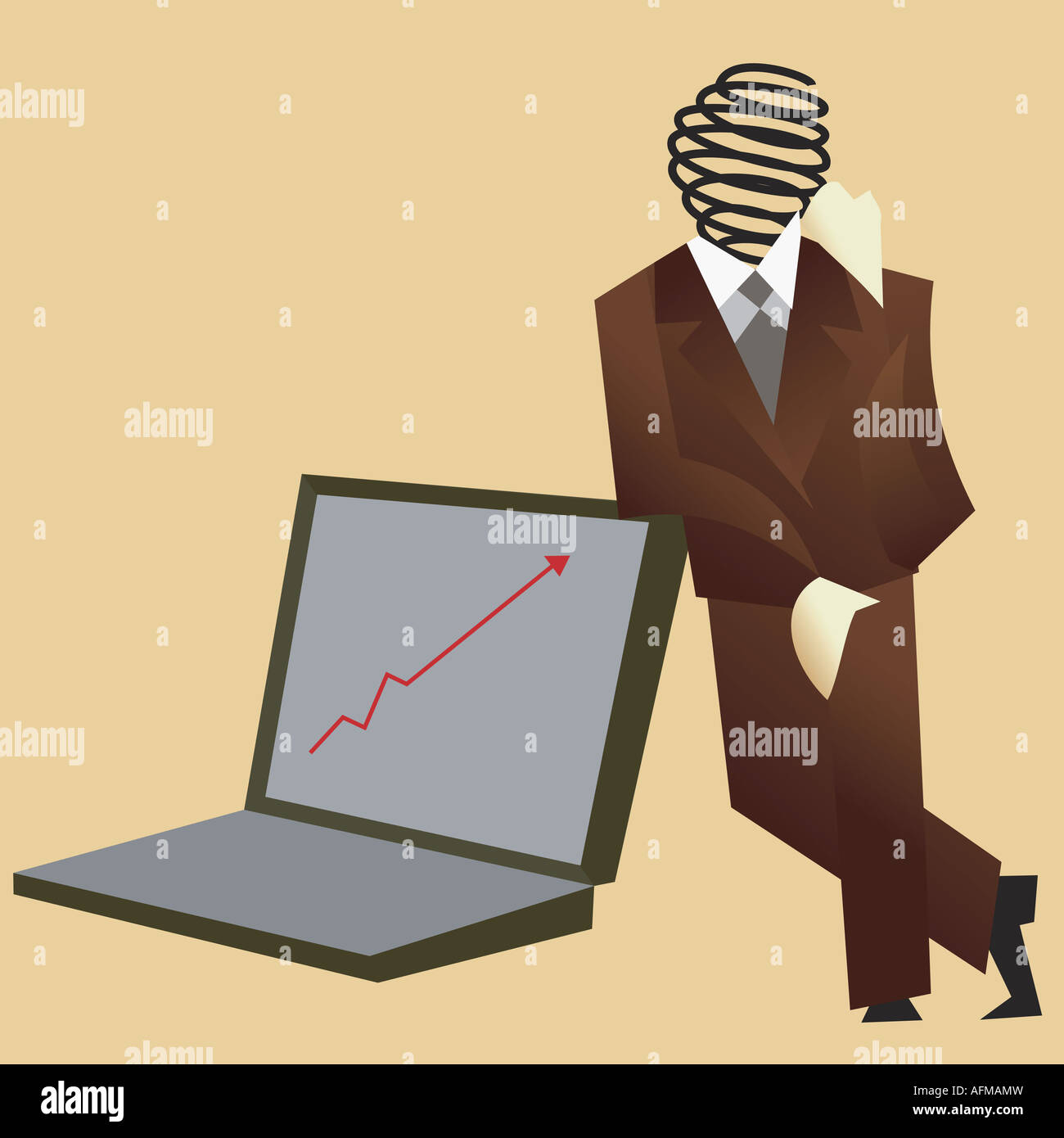 Businessman leaning against a laptop computer Stock Photo - Alamy