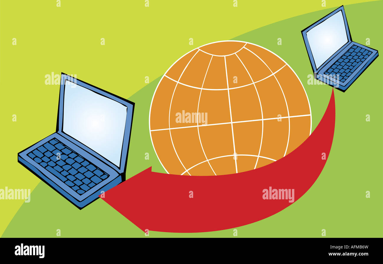Two laptops with a globe Stock Photo Alamy