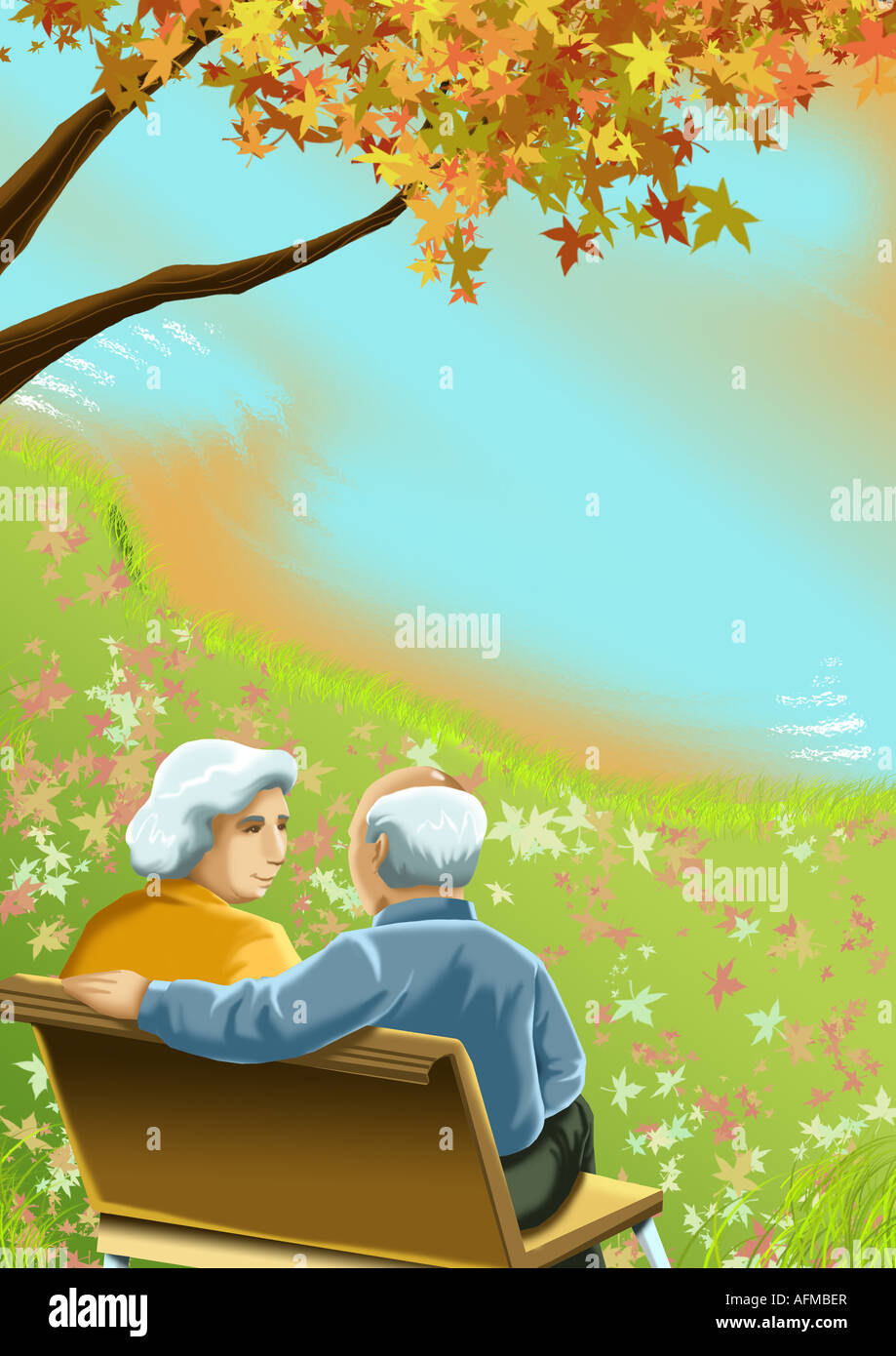 Senior couple sitting on a bench in a park Stock Photo - Alamy