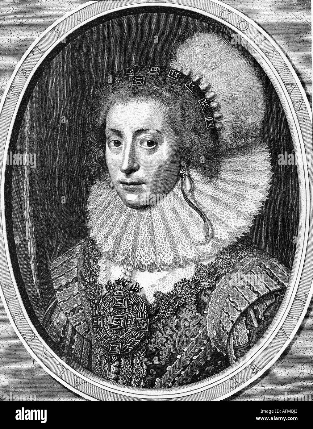 Elizabeth, 19.8.1556 - 13.12.1662, Electress of Palatinate 14.2.1613 - 23.2.1623, Queen consort of Bohemia 25.10.1619 - November 1620, portrait, conteporary engraving, Stuart, Princess of England & Scotland, Wittelsbach, thirty years war, jewelry, pearls, , Artist's Copyright has not to be cleared Stock Photo