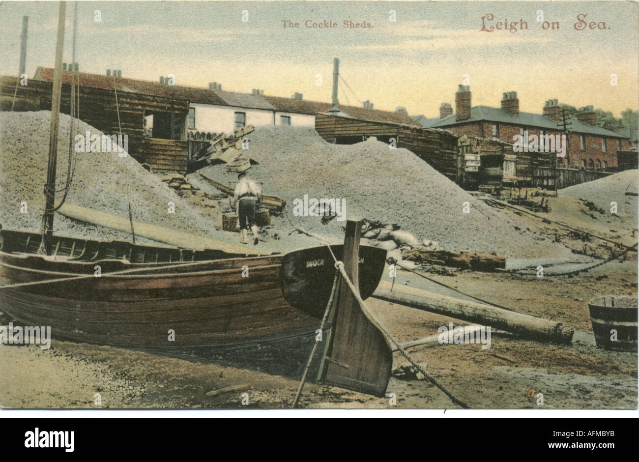 Greeting postcard of the Cockle Sheds, Leigh on Sea, Essex, circa 1905 Stock Photo