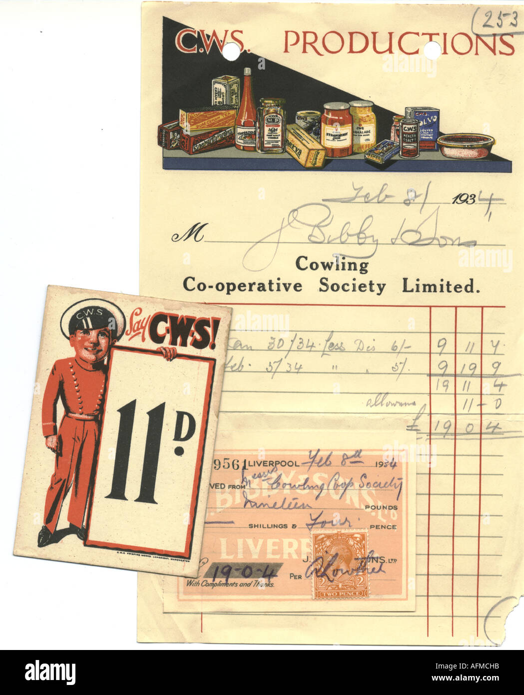 Pictorial bill head and point of sale price ticket for the Co-operative Society products circa 1930 Stock Photo