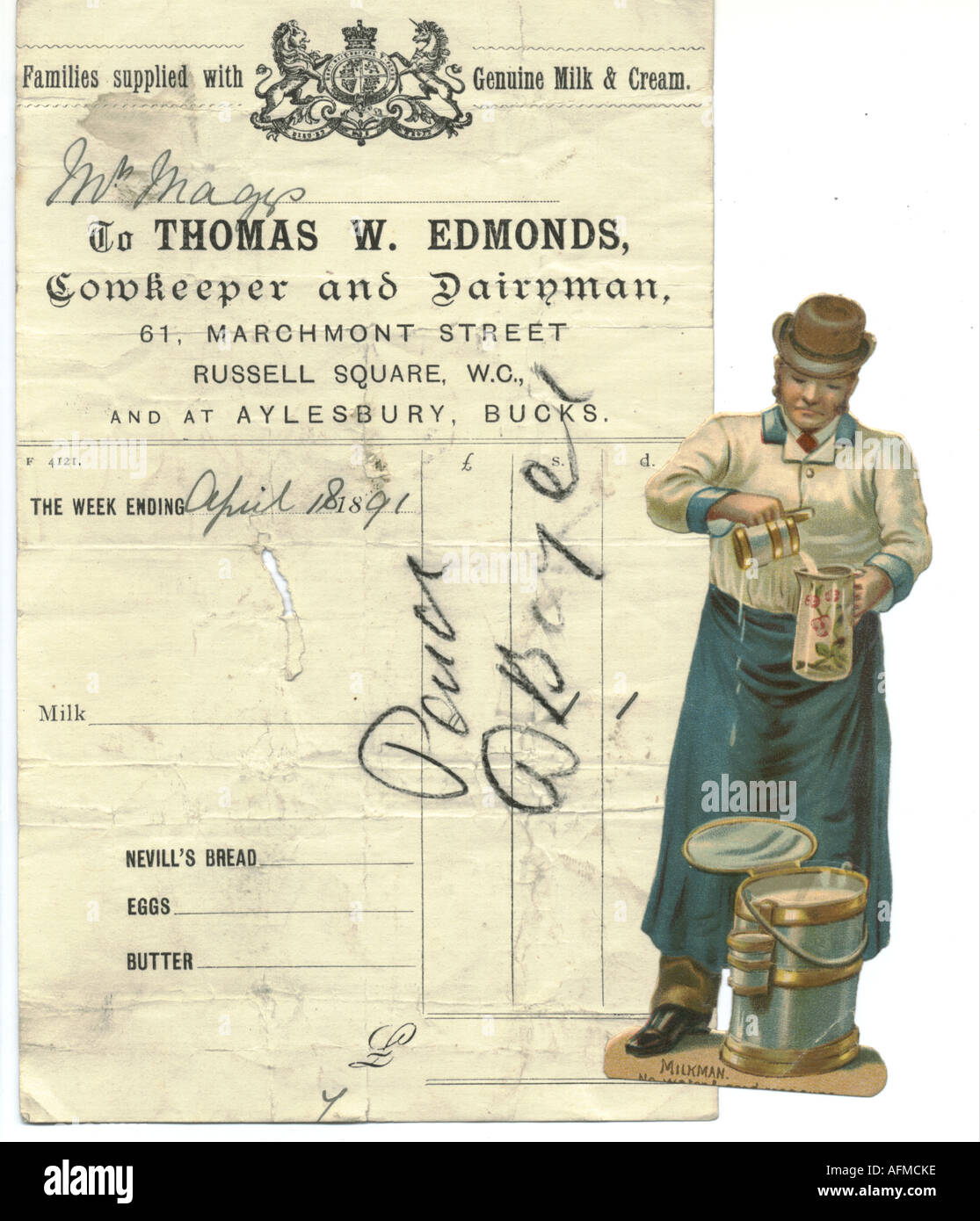 Chromolithographed die cut scrap of milkman with bill 1891 Stock Photo