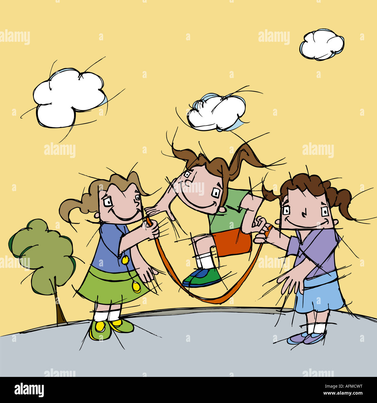 Side profile of three girls playing jump rope Stock Photo - Alamy