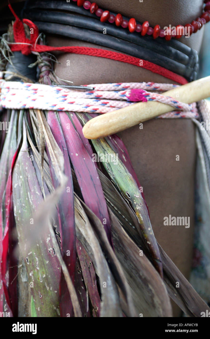 Huli wigman tribal warrior wearing cassowry bone around thigh Tari Southern Highlands Papua New Guinea Stock Photo