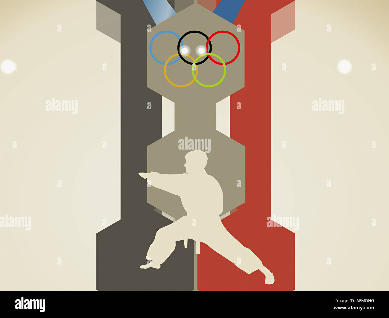Olympic rings over a man performing martial arts Stock Photo Alamy