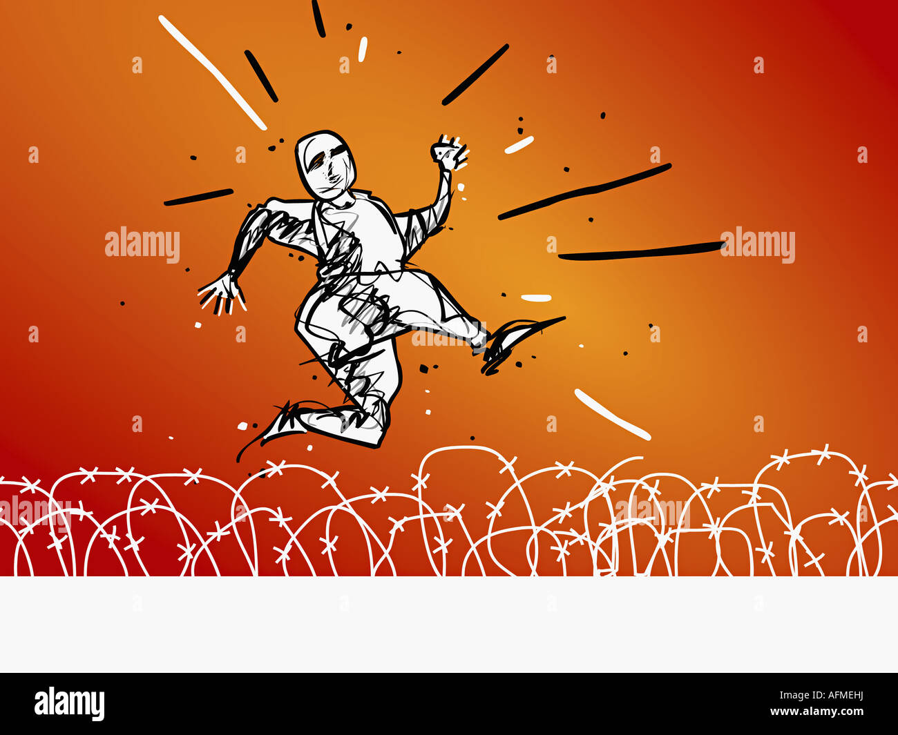 Person jumping over a barbed wire fence Stock Photo Alamy